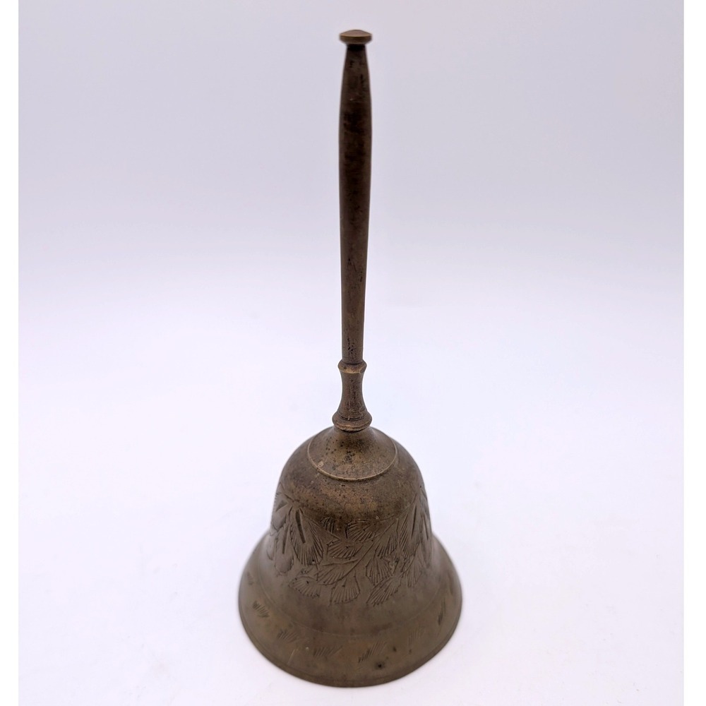 Vtg Brass Hand Bell Etched Leaf Floral Pattern India Home Decor 5.5" Grandmacore